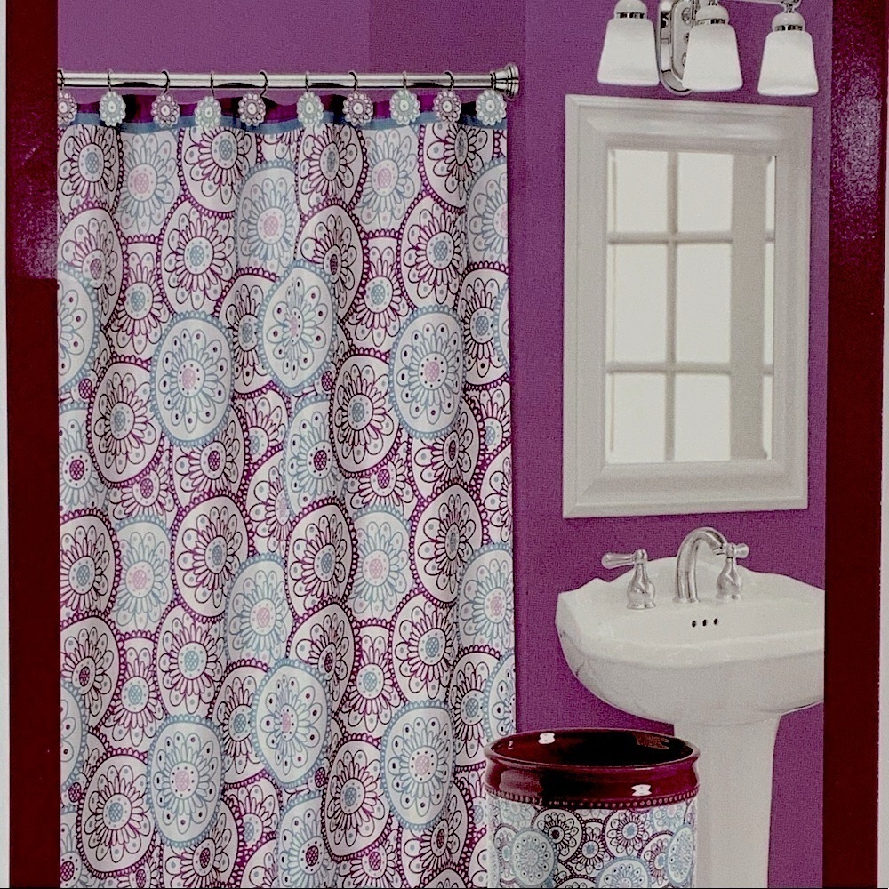 Dream Wheels Fabric Material Shower Curtain 70in X 72 in Purple Teal White